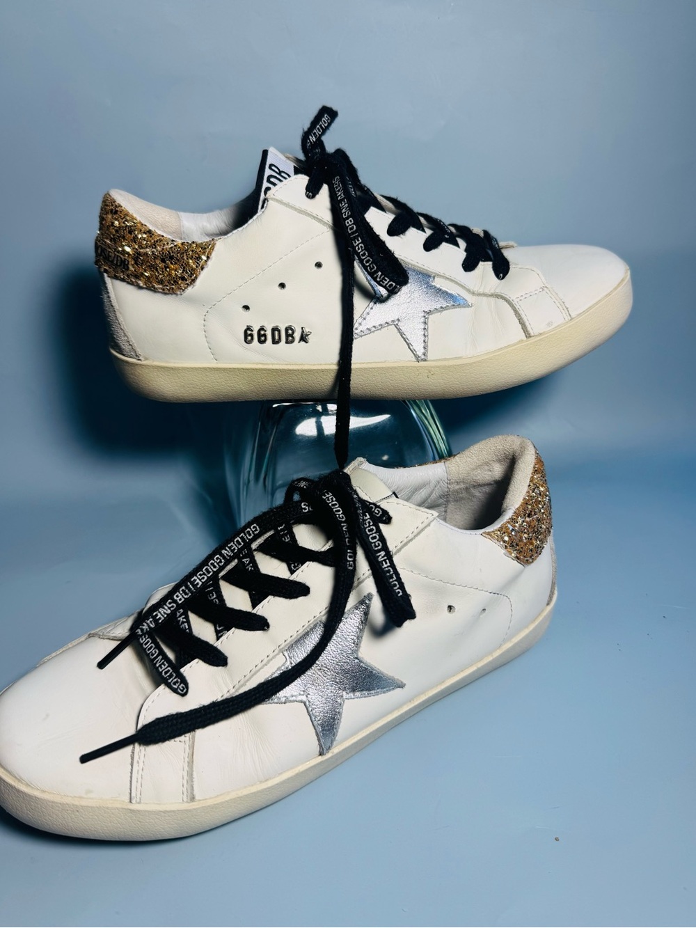Golden Goose White Leather Sneakers with Silver Star and Gold Glitter Heel SZ 8* - Picture 2 of 13